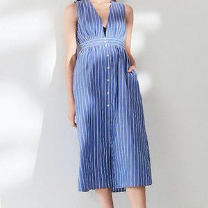 Blue Striped Button Down Plunging Midi Dress